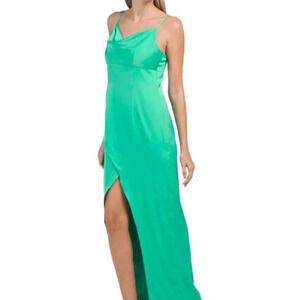 Stretch Satin Cowl Neck Gown With Slit (Color: Deep Flora)